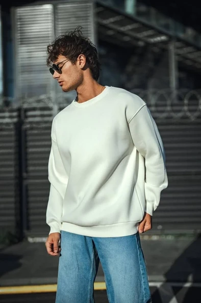 Kışlık Bisiklet Yaka Üç İplik Basic Sweatshirt - Beyaz - Resim 3