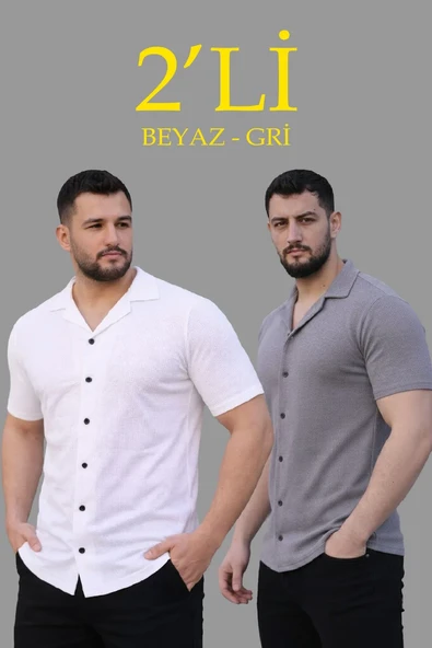Erkek Waffle Dokuma Açık Yakalı Düğmeli Regular Kalıp 2’li Gömlek Seti - Beyaz & Gri ürün görseli 1