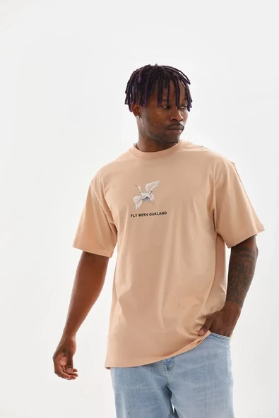 Unisex Baskılı Oversize T-shirt - Bej - Resim 4