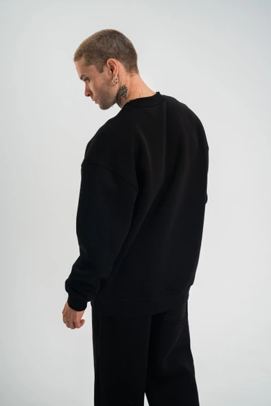 Uzun Kol Bisiklet Yaka Basic Sweatshirt - Siyah - Resim 6