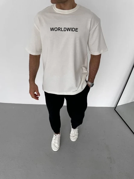Unisex Bisiklet Yaka Baskılı Oversize T-shirt - Beyaz ürün görseli 1