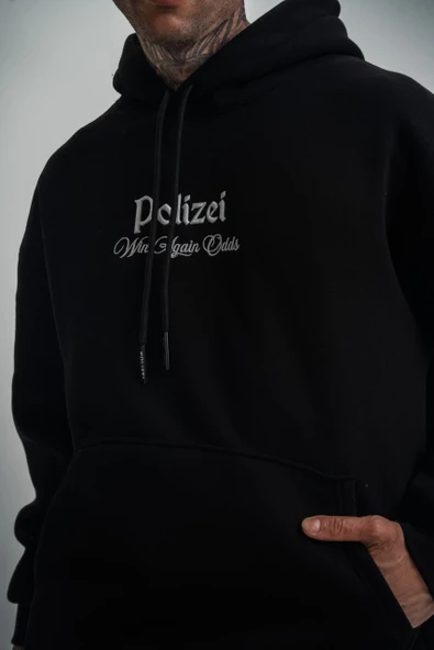 Üç İplik Kapşonlu Dijital Patchli Sweatshirt - Siyah - Resim 3