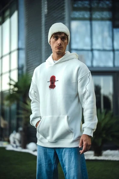 Üç İplik Kapüşonlu Baskılı Oversize Sweatshirt- Beyaz - Resim 3