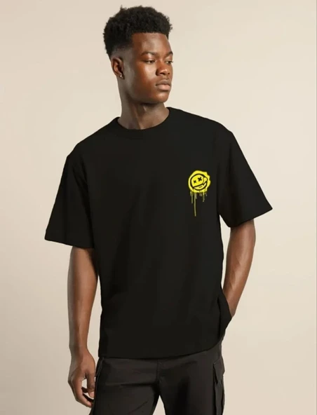 Unisex Bisiklet Yaka Baskılı Oversize T-shirt - Siyah ürün görseli 1