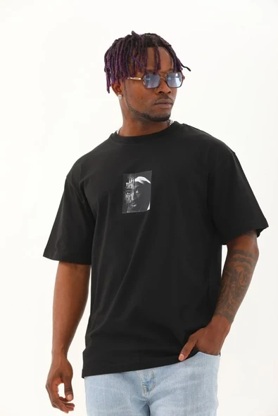 Erkek Kısa Kol Oversize Baskılı Bisiklet Yaka T-shirt - Siyah ürün görseli 1