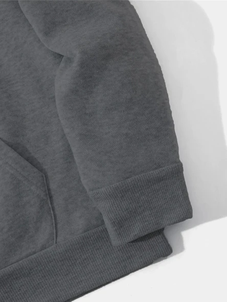 Erkek Düz Kapüşonlu Sweat - Füme - Resim 2