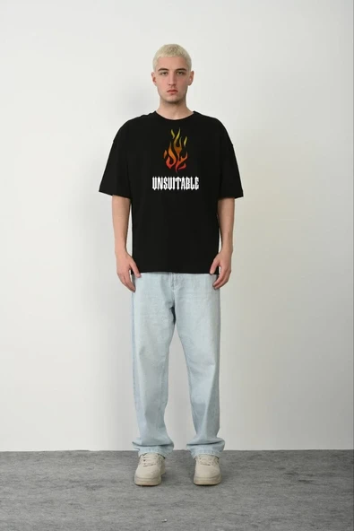 Unisex Bisiklet Yaka Baskılı Oversize T-shirt - Siyah ürün görseli 1