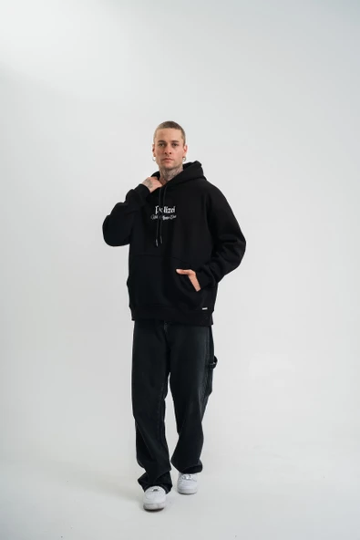 Üç İplik Kapşonlu Dijital Patchli Sweatshirt - Siyah - Resim 8