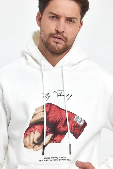 Unisex Kapüşonlu Üç İplik Oversize Baskılı Sweatshirt - Beyaz ürün görseli 1