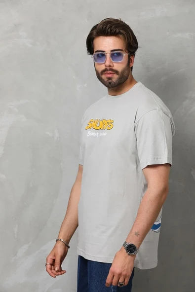 Unisex Basic Bisiklet Yaka Oversize T-shirt - Gri - Resim 8