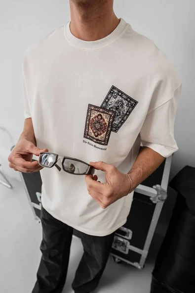Erkek Baskılı Oversize T-shirt - Beyaz - Resim 3