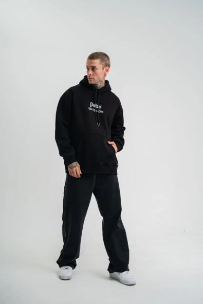 Üç İplik Kapşonlu Dijital Patchli Sweatshirt - Siyah - Resim 6