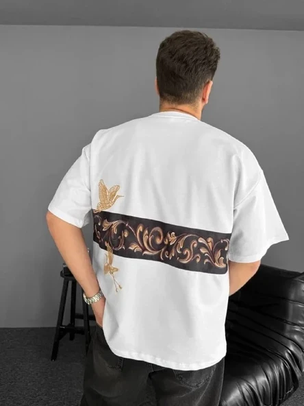 Ön Ve Arka Baskılı Oversize Bisiklet Yaka T-shirt - Beyaz ürün görseli 1