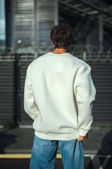 Kışlık Bisiklet Yaka Üç İplik Basic Sweatshirt - Beyaz - Resim 2