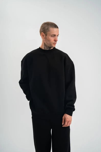 Uzun Kol Bisiklet Yaka Basic Sweatshirt - Siyah - Resim 5