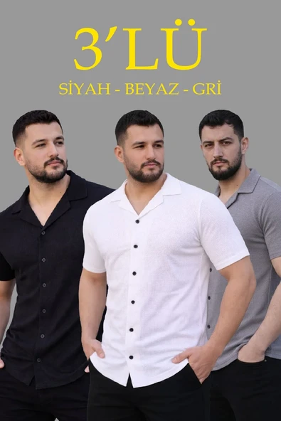 Erkek Waffle Dokuma Açık Yakalı Düğmeli Regular Kalıp 3’lü Gömlek Seti - Siyah, Beyaz, Gri ürün görseli 1