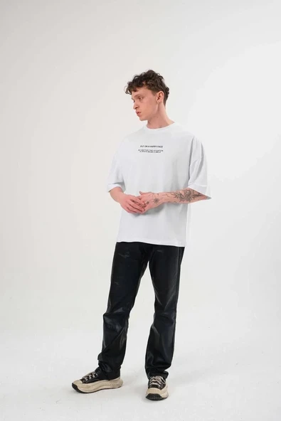 Unisex Bisiklet Yaka Baskılı Oversize T-shirt - Beyaz ürün görseli 1