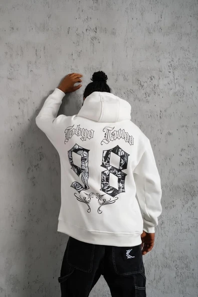 Erkek 98 Baskılı Kapşonlu Sweat - Beyaz - Resim 4