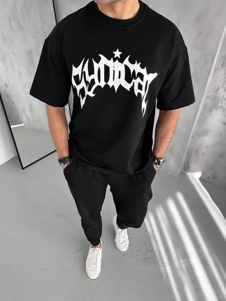 Unisex Bisiklet Yaka Baskılı Oversize T-shirt - Siyah ürün görseli 1