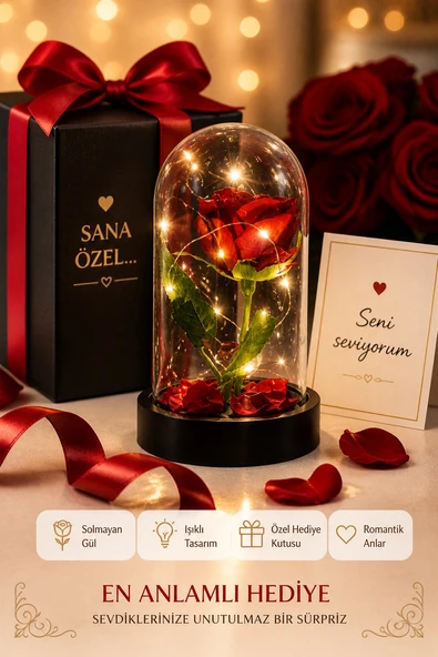 LED Işıklı Cam Fanus Solmayan Gül Sevgiliye Romantik Özel Gün Hediyesi Dekoratif Gece Lambası ürün görseli 1