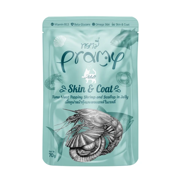 Pramy Skin Coat Jöle İçinde Karidesli Deniz Taraklı ve Ton Balıklı Kedi Konservesi 70gr ürün görseli 1