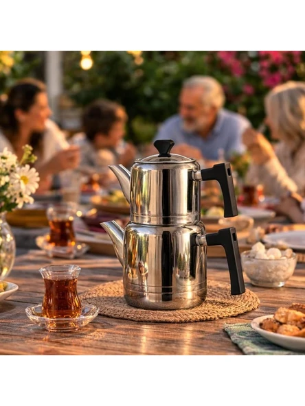 Yonca Lines Nil Aile Boy Çelik Çaydanlık Bakalit Siyah Soft Kulp - Resim 2