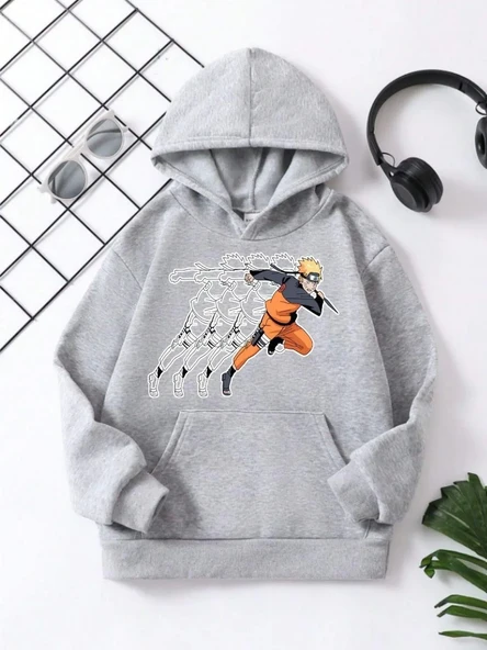 Çocuk Unisex Kapüşonlu Naruto Baskılı Pamuklu Sweatshirt - Gri ürün görseli 1