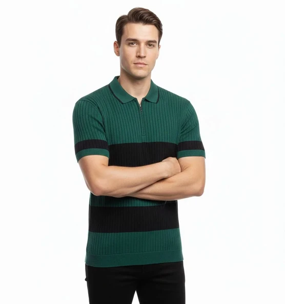 Erkek T-shirt Çizgili Triko Dokuma Kumaş Polo Yaka Yarım Fermuarlı Regular Kalıp Tişört - Çağla Yeşili ürün görseli 1