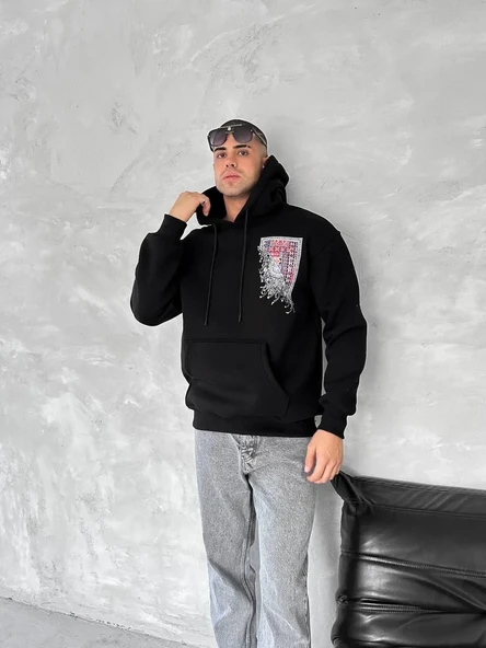 Uzun Kol Kapüşonlu Ön Ve Arka Baskılı Sweatshirt - Siyah ürün görseli 1