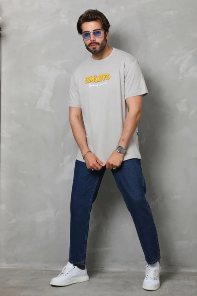 Unisex Basic Bisiklet Yaka Oversize T-shirt - Gri - Resim 4