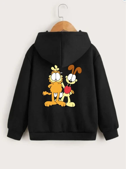 Çocuk Unisex Kapüşonlu Ön Ve Arka Garfield Baskılı Sweatshirt - Siyah ürün görseli 1