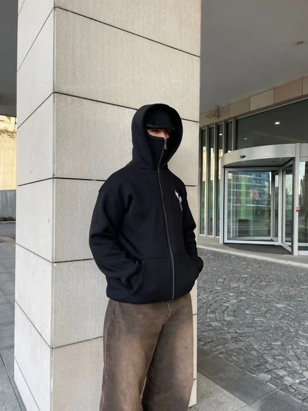 Samuray Kapüşonlu Zıp Fermuarlı Kapüşonlu Sweatshirt - Siyah ürün görseli 1