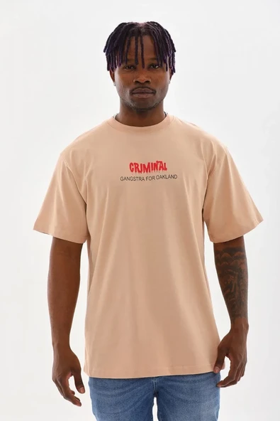 Unisex Baskılı Oversize T-shirt - Bej ürün görseli 1