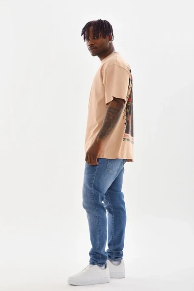 Unisex Baskılı Oversize T-shirt - Bej - Resim 5