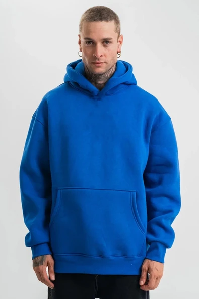Erkek Saks Mavi Double Oversize 3 İplik Pamuklu Kapüşonlu Kanguru Cepli Sweatshirt Hoodie - Saks Mavi ürün görseli 1