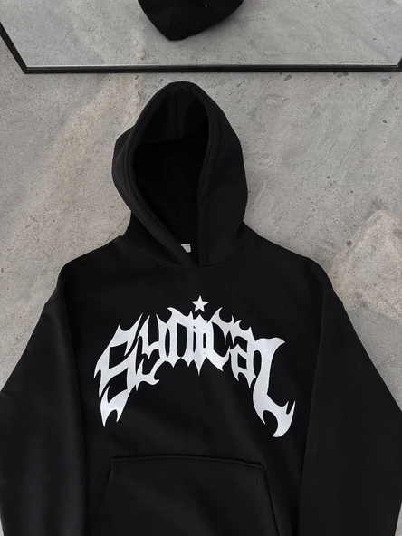 Kışlık Kapüşonlu Baskılı Oversize Sweatshirt- Siyah - Resim 2
