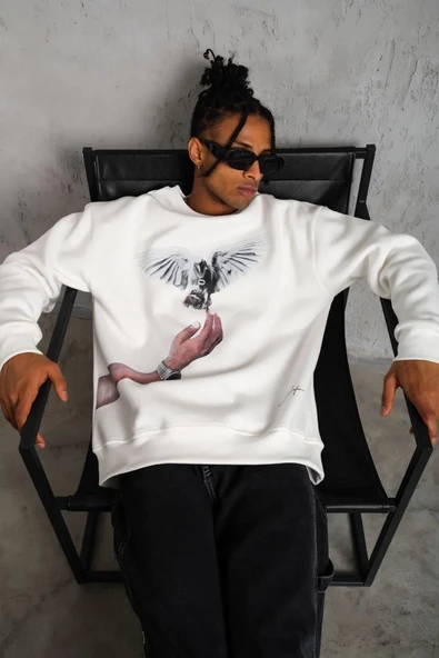 Erkek Güvercin Baskılı Sweatshirt - Beyaz - Resim 2