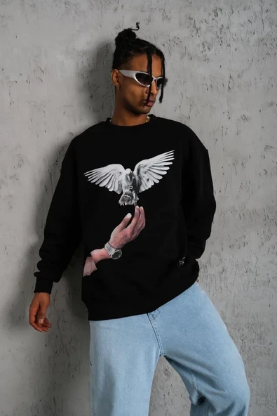 Erkek Güvercin Baskılı Sweatshirt - Siyah - Resim 2