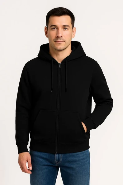 Erkek Üç İplik Kapüşonlu Tam Fermuarlı Kanguru Çepli Sweatshirt Hoodie - Siyah ürün görseli 1