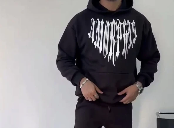 Uzun Kol Kapüşonlu Baskılı Sweatshirt - Siyah - Resim 6