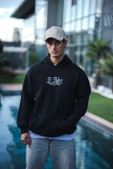 Üç İplik Penye Kapşonlu Baskılı Sweatshirt - Siyah ürün görseli 1