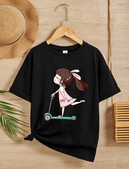 Kız Çocuk Bisiklet Yaka Baskılı T-shirt - Siyah ürün görseli 1