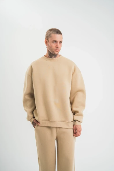 Uzun Kol Bisiklet Yaka Basic Sweatshirt - Bej - Resim 6