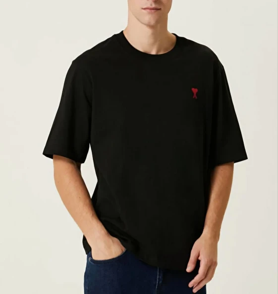 Unisex Bisiklet Yaka Baskılı Oversize T-shirt - Siyah ürün görseli 1