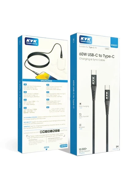 Kvk Usb-c To Type-c 60w Sarj Kablosu 1 Metre 8697441357901 ürün görseli 1