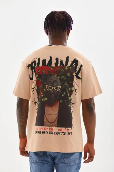 Unisex Baskılı Oversize T-shirt - Bej - Resim 7