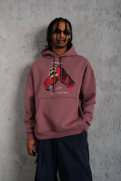 Erkek Eldiven Baskılı Kapüşonlu Sweat - Gül Kurusu - Resim 4