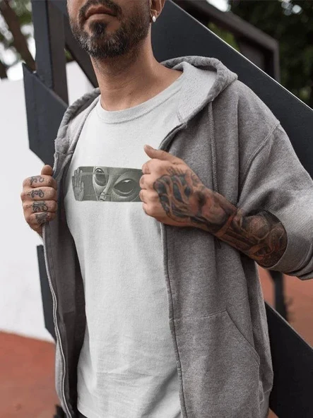 Unisex Bisiklet Yaka Baskılı Oversize T-shirt - Beyaz ürün görseli 1