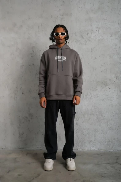 Erkek Paradise Baskılı Kapüşonlu Sweat - Gri - Resim 4