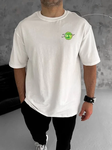Unisex Bisiklet Yaka Baskılı Oversize T-shirt - Beyaz ürün görseli 1